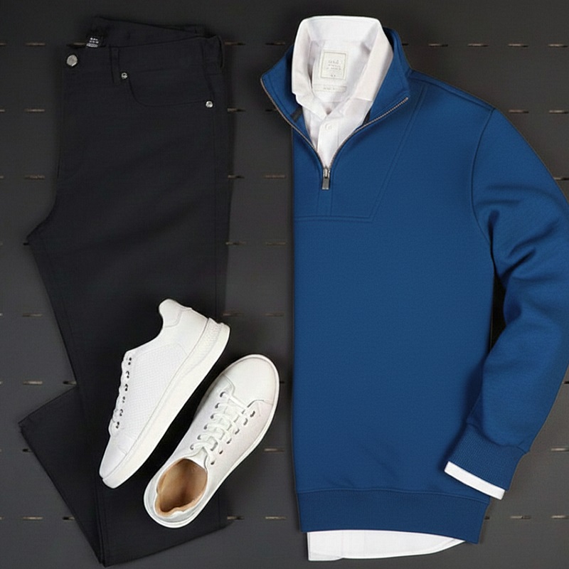 پکیج دورس مردانه نیم زیپ مدل Behbod-آبی  پیراهن مردانه سفید VQویژه